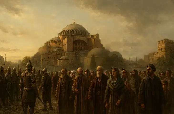 İstanbul’un fethinden sonra Ayasofya çevresinde toplanan halk ve Osmanlı askerleriyle şehrin yeni düzenine geçiş sürecini gösteren tarihi sahne.